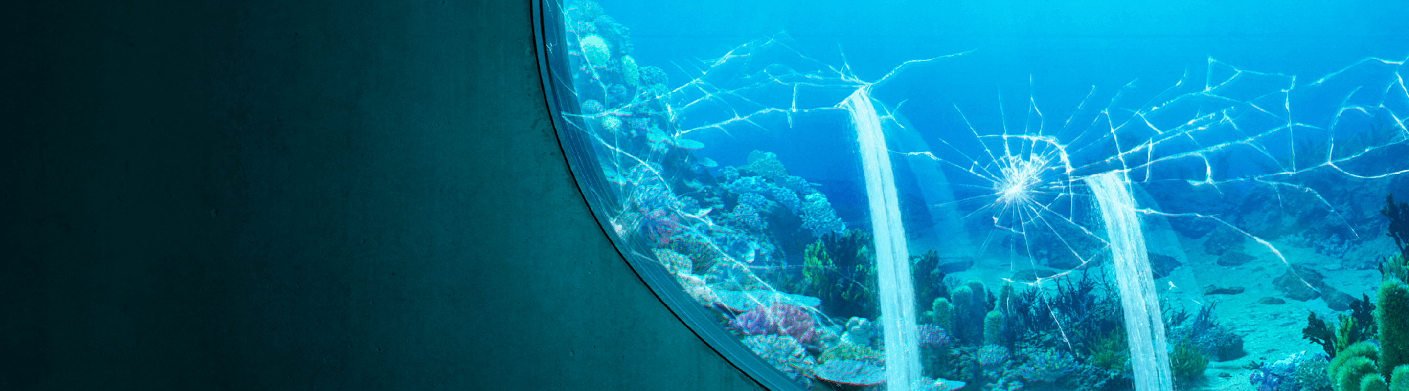 Two streams of water pour from cracks in the glass of an aquarium.