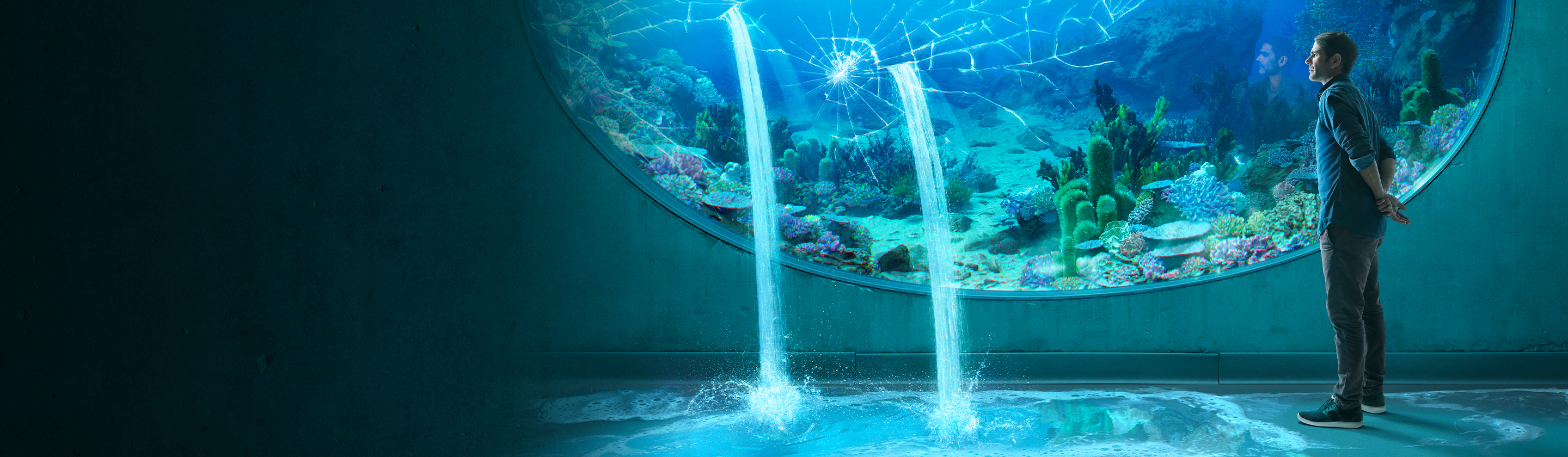 A Caucasian man peers into the cracked glass of an aquarium that has water pouring out from two places. The headline reads, “Discover Resources“.